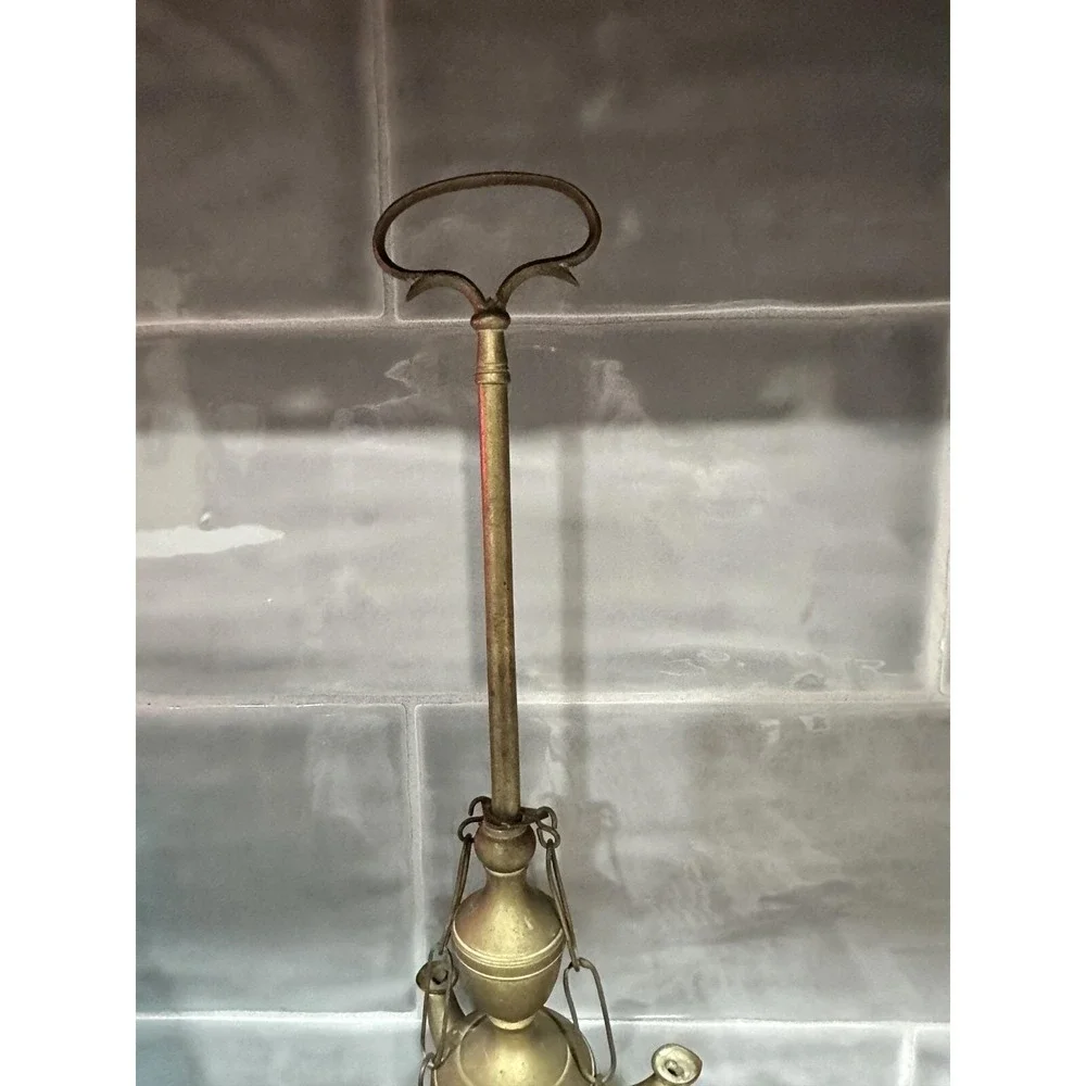 Vintage Brass Lucerna Oil Lamp 3 Wick Italian Style with Hanging Tools 19 Inch